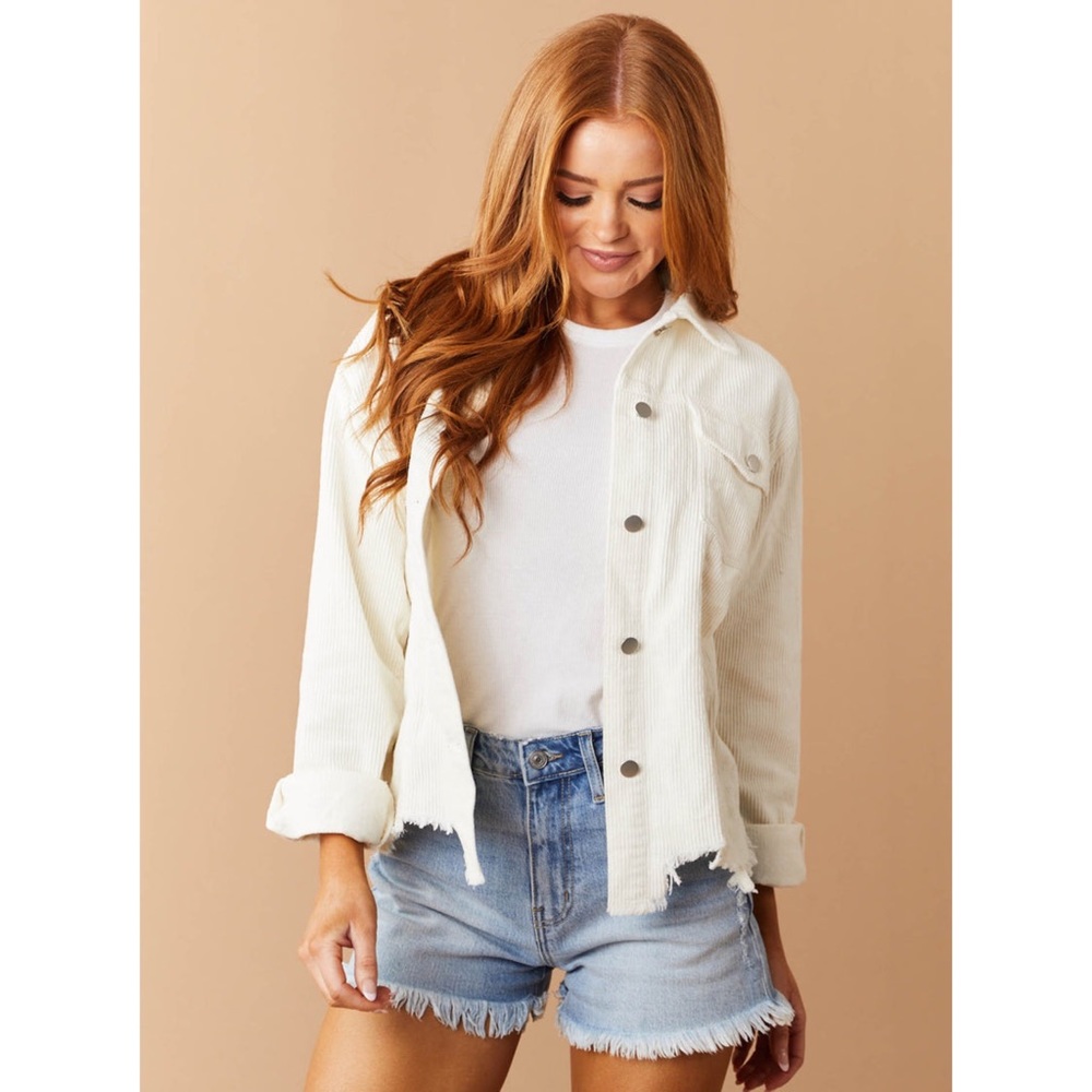 Andree Cream Corduroy Jacket With Frayed Hem